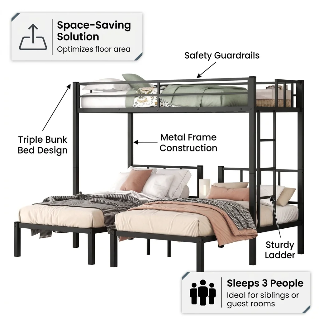 #Modern Twin Over Twin & Triple Bunk Bed for 3 Twin XL Metal Frame in Stock USA for Hotel Use view 5
