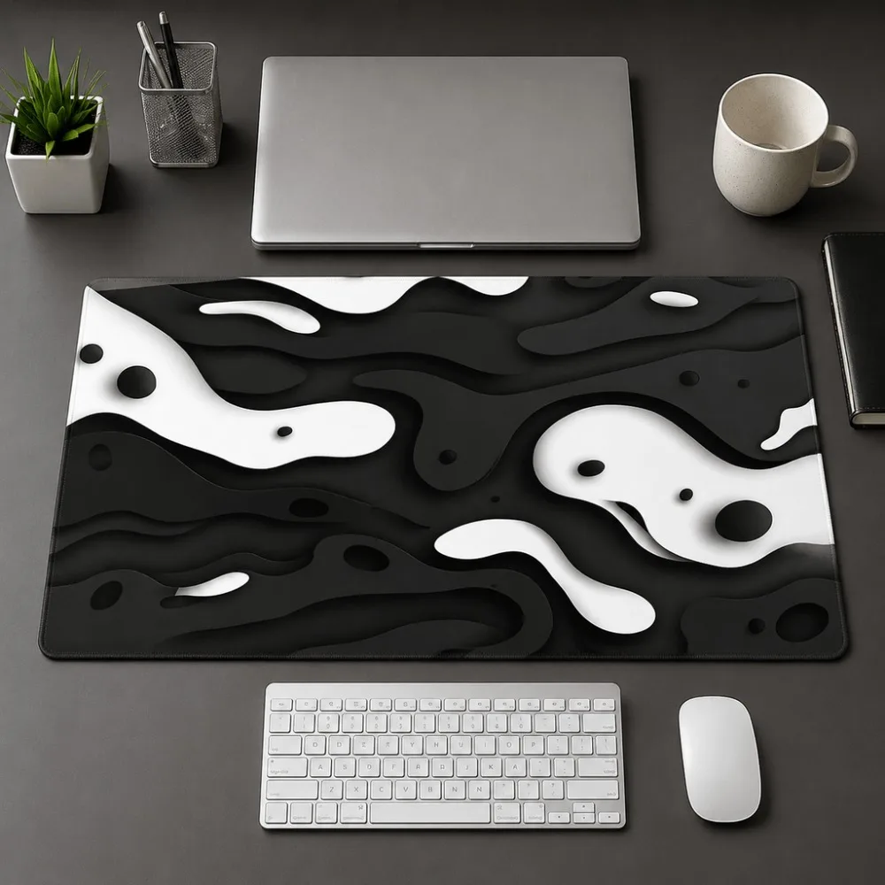 Black and white abstract wave pattern table mat, suitable simple office computer desk accessory for students and professional