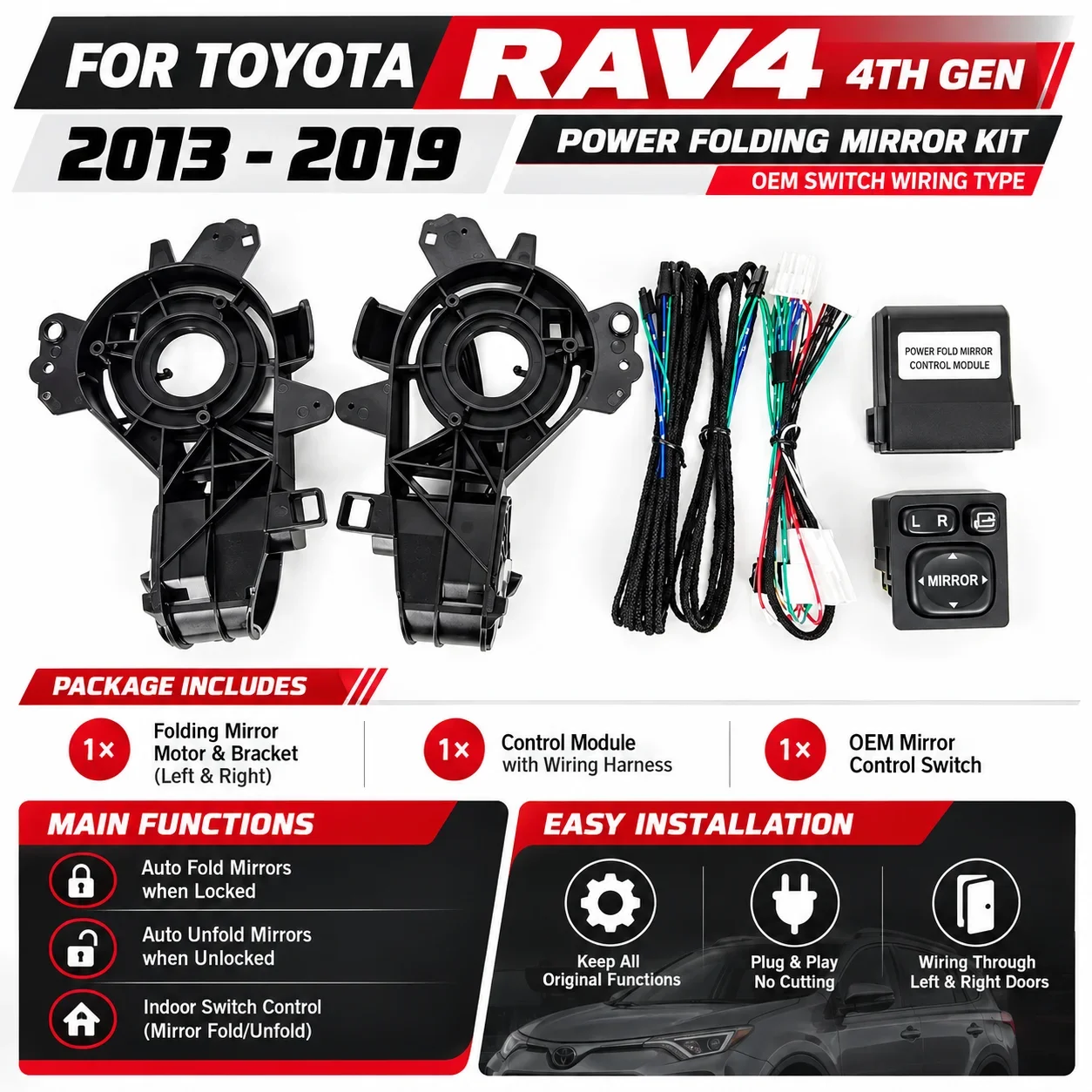 Side Mirror Auto Fold Unfold Kit For Toyota RAV4 XA40 XA50 2013-2025 Power Folding Mirror Control Module Plug & Play