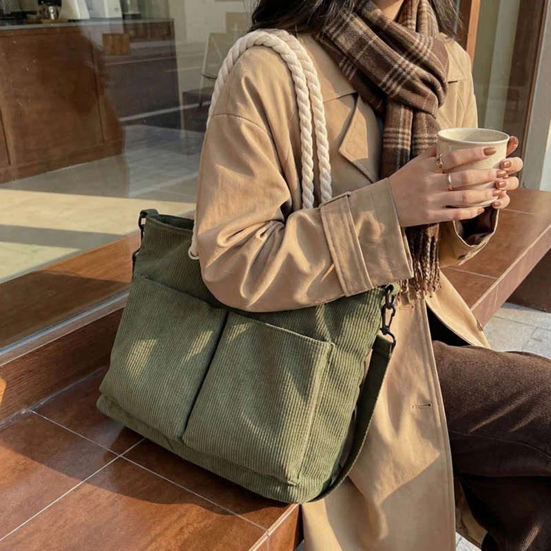 

Сумка-тоут Tiptoegirls из модного вельвета с двумя передними карманами, массивными веревочными ручками, экологичная, для школы, работы, выходных