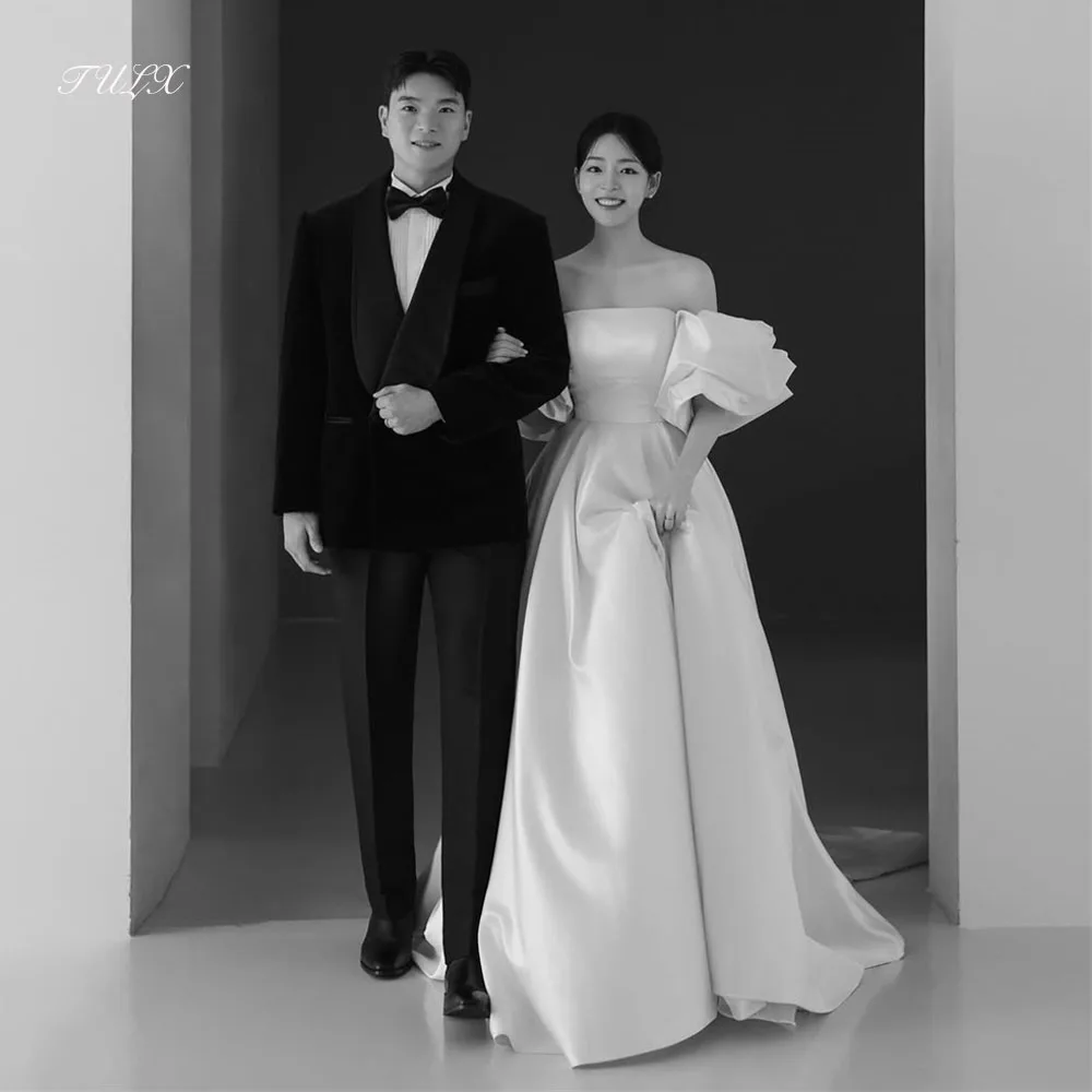 

TULX Ivory Satin Wedding Dress Korea Photo Shoot Strapless Puff Sleeves A line Long Bridal Gowns Corset Customized 웨딩드레스