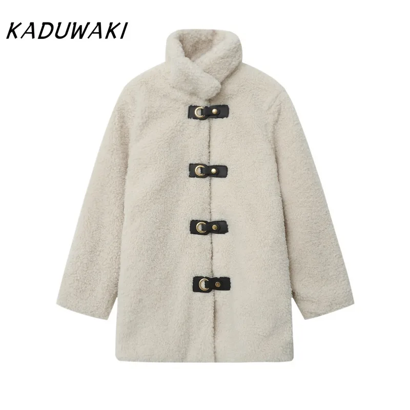 

KADUWAKI Soft Shell Jacket Coat Independent Station Long Sleeve Turn-down Collar Pocket Decorated Casual Women's Woolen Coat Y2k