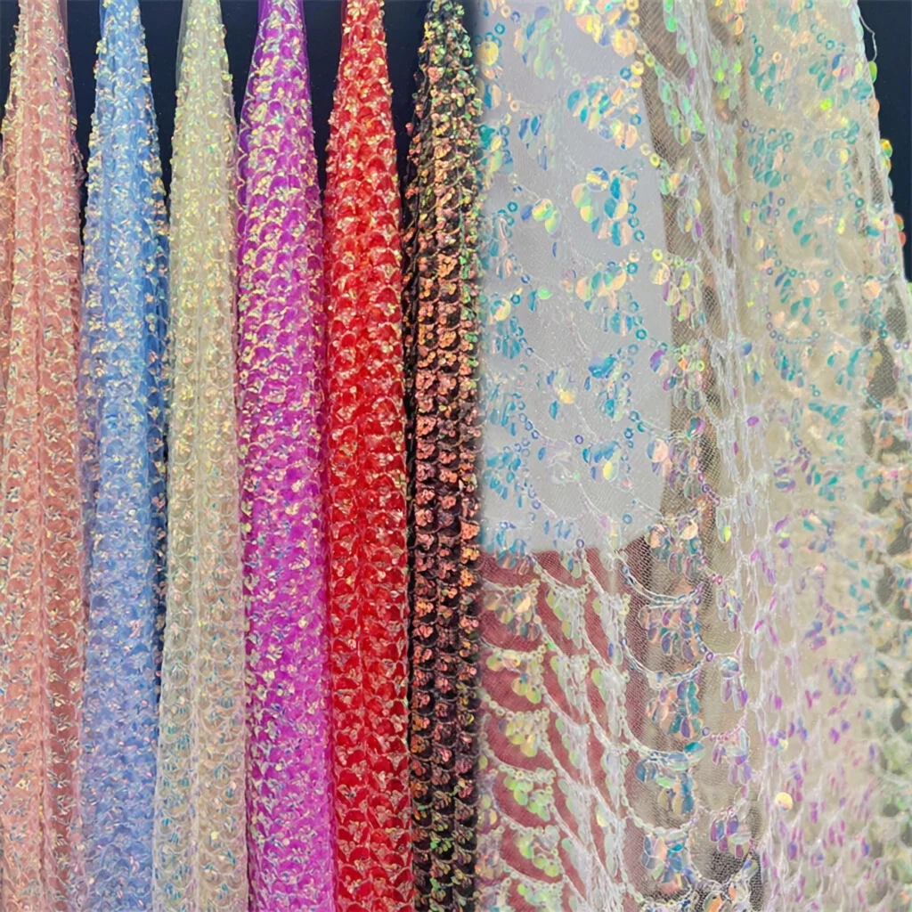 130cm Wide Colorful Fish Scale Sequin Fabric for Gowns Embroidered Sequin Cloth for Kids' Dresses Stage Costumes DIY Crafts F016