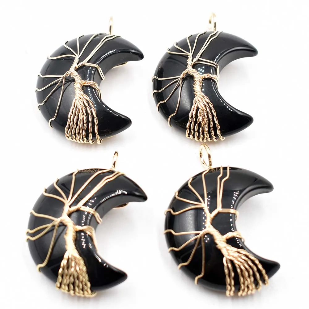 

Natural black Obsidian Pendant Tree Of Life Moon Shape Reiki Polished Mineral Jewelry For Men Women Jewelry Gift 4pcs/lot