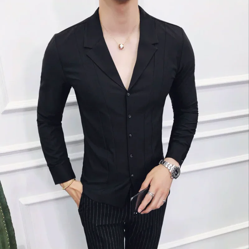 2023 Fashion V Neck Slim Fit Shirts Autumn Men Long Sleeved Dress Streetwear / Fashion Striped Print Men Shirt Social Clothes