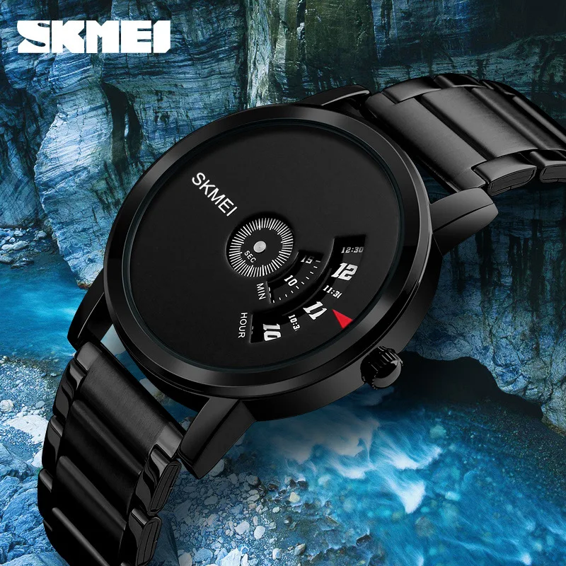 SKMEI Black Stainless Steel Watches for Men Creative No Pointer Dial Waterproof Quartz Wristwatch Fashion Business Men\'s Watch