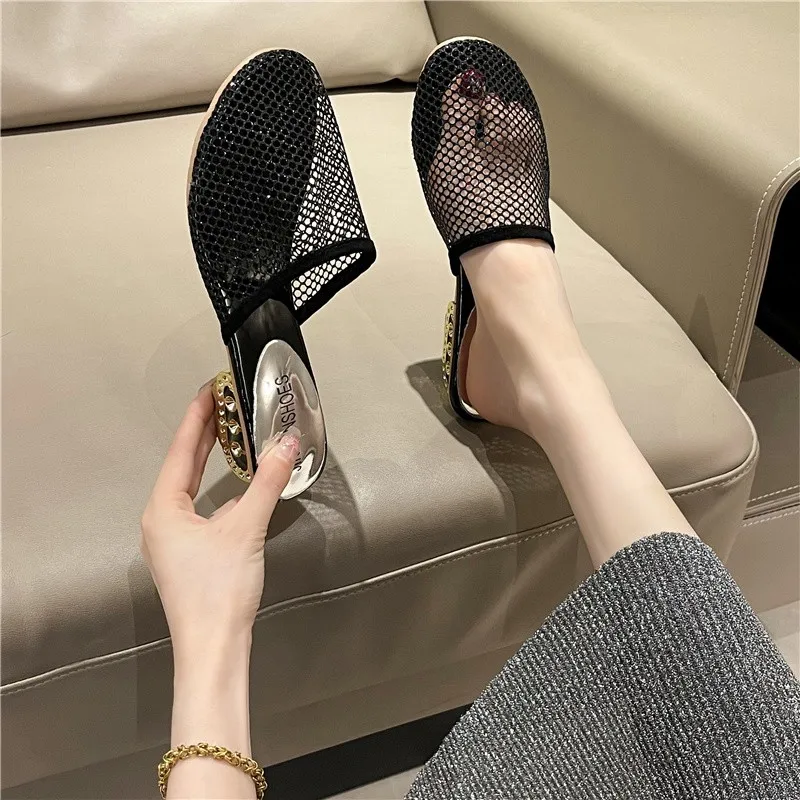 Women High Heel Sandals Summer 2025 New Luxury Brand Slippers Lightweight Round Head Shoes Water Diamond Large Flat Sandals