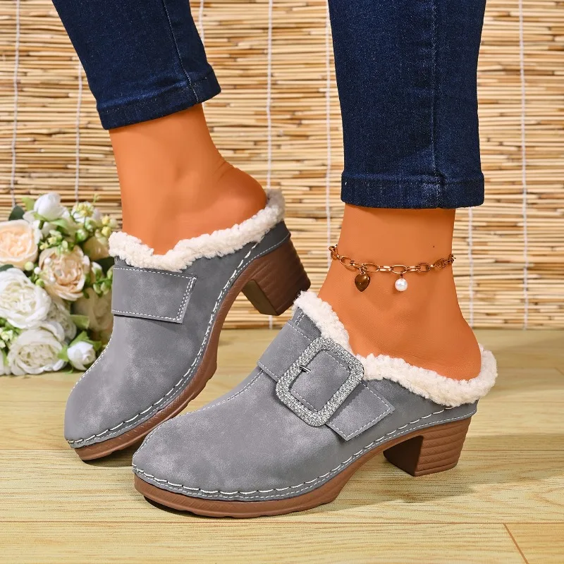 Fashion Retro Round Toe Buckle Strap High Heel Women's Mules 2026 Winter Plush Warm Simple Solid Outdoor Casual Women Shoes