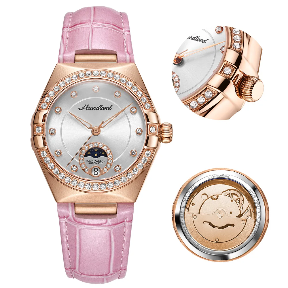 HRUODLAND Automatic Mechanical Watch for Women Moon Phase Watch Diamond Style Sapphire Crystal Day Indicator Leather Strap