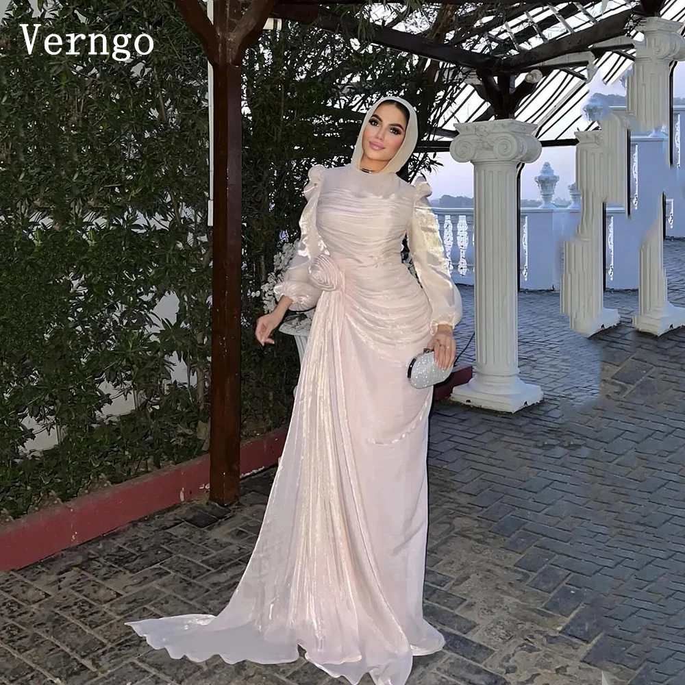 Verngo Gray Shiny Evening Dress High Neck Full Sleeves Formal Occasion Dresses Women Elegant Modest Prom Gowns Customized