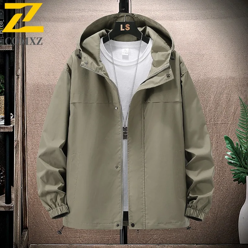 

COMXZ 2025 Мужская повседневная куртка с капюшоном, осенняя модная свободная посадка, легкое удобное водонепроницаемое ветрозащитное пальто