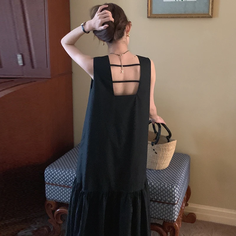 Nowe koreańskie eleganckie sukienki Vintage styl Hepburn sukienka bez rękawów kobiece letnie spódnice z falbanami Halter spódnica z zbiornikiem długa spódnica