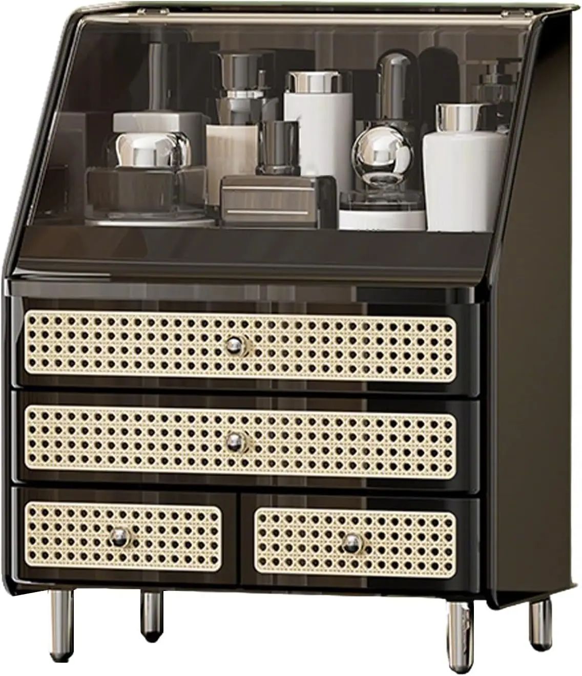 

3-Tier Drawer Makeup Organizer Countertop PP Rattan Cosmetic Display Case Dust Moisture Proof Storage Vanity Bathroom Black