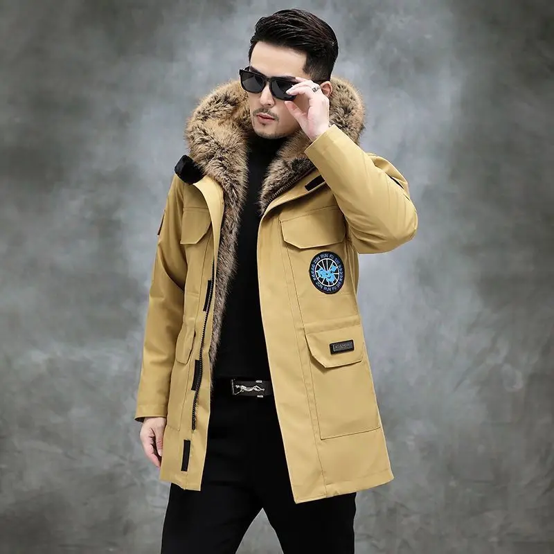 Winter Warm Coat Windproof Parker Men Waterproof Windbreaker Fur Lined Winter Thick Warm Faux Fur Coat Mid-length Jacket Parka