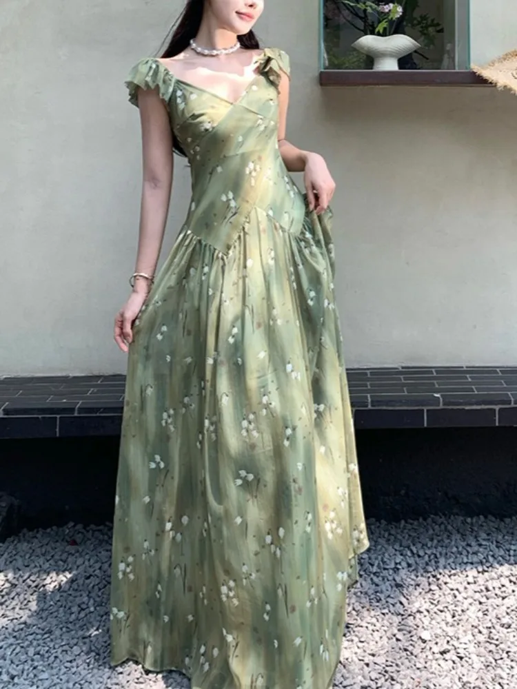 

Green Elegant Vintage Floral Strap Dress Women Chiffon Korean Slim Holiday Beach Dress Female 2025 Summer Casual Party Dress Y2K