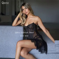 Qanz Mini See Through Prom Dress Black Lace Pearls Corset Back Party Gown Mermaid Sexy Robe De Soirée Luxe élégante Customized