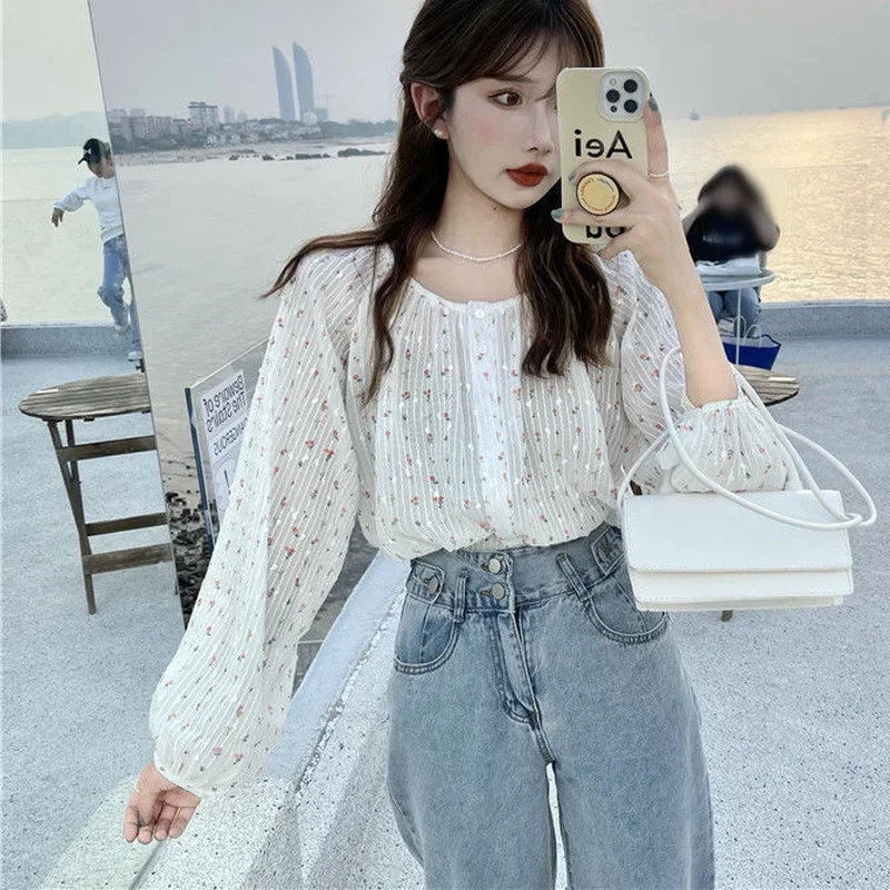 Women Blouses Floral Single Breasted O-neck Chiffon Patchwork Sweet Tender Elegant Lantern Sleeve Shirts New