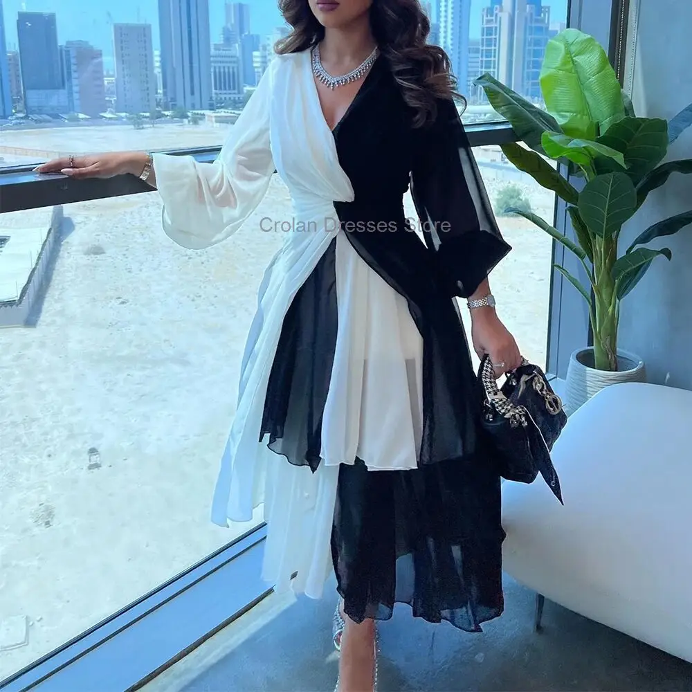 

Chic White and Black Chiffon Evening Dress Saudi Arabia Tiered V-neck Long Sleeves Prom Party Gown Ankle Length Vestido De Festa