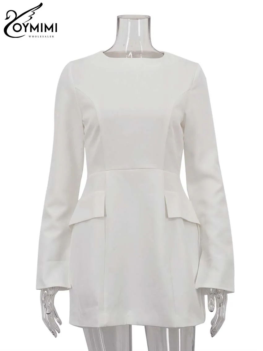 Oymimi casual branco o-pescoço vestidos para mulheres elegante manga longa bolsos finos vestidos outono em linha reta mini vestido roupas femininas