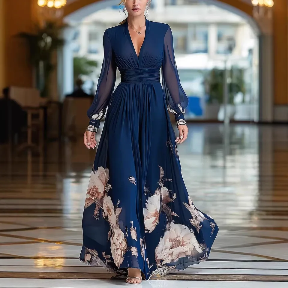 

Элегантное универсальное длинное платье 2026 года с V-образным вырезом, приталенное, с сетчатыми вставками, принтом и цветочным узором на рукавах, однотонное.