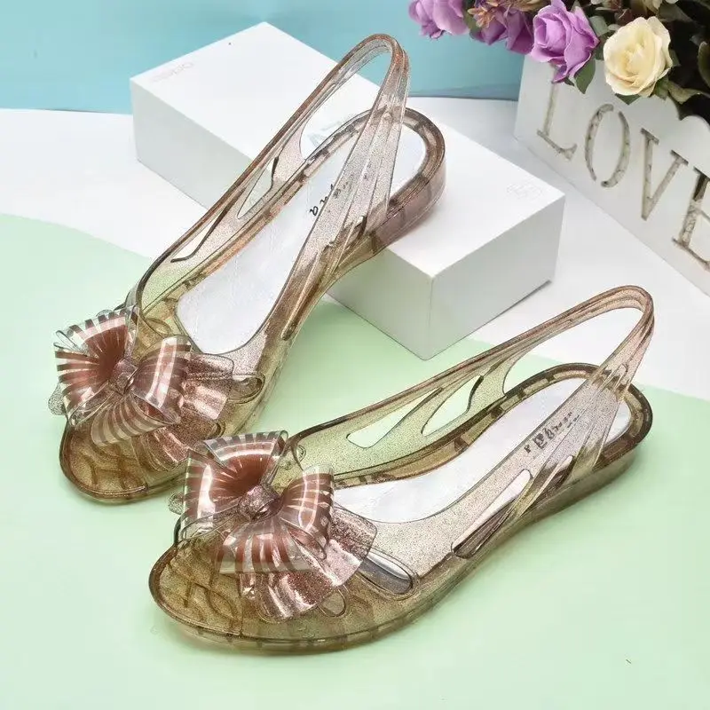 2024 New Summer Women\'s Slip-On Crystal Jelly Fish Mouth Sandals Soft Sole Non Slip Transparent Flat Sole Sandals Beach Sandals