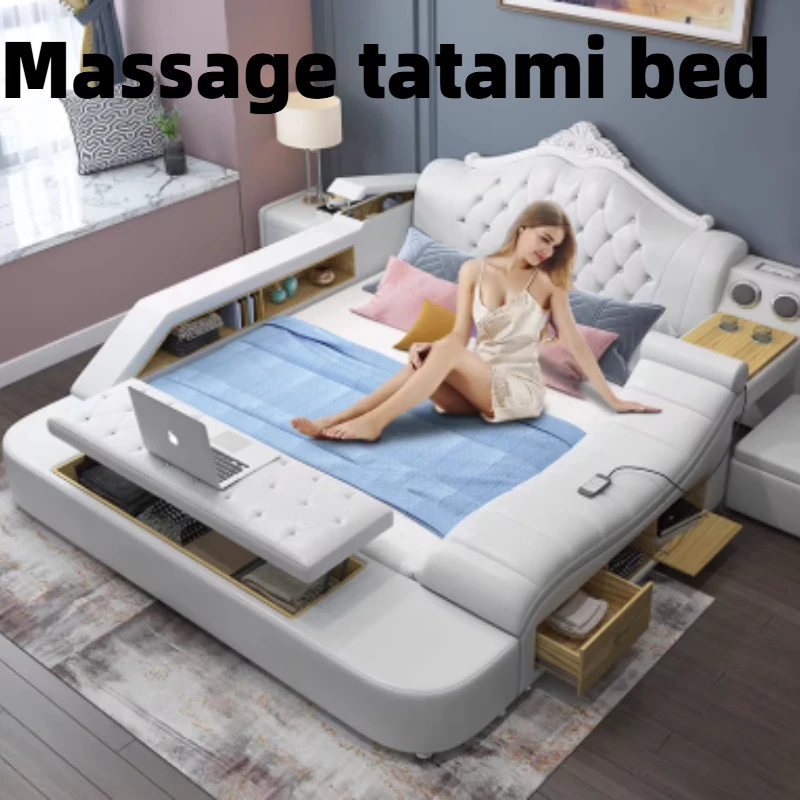 

Massage Tatami Double Bed Leather Multifunctional European Frames Storage Bed King Size Modern Headboard Queen Bedroom Furniture