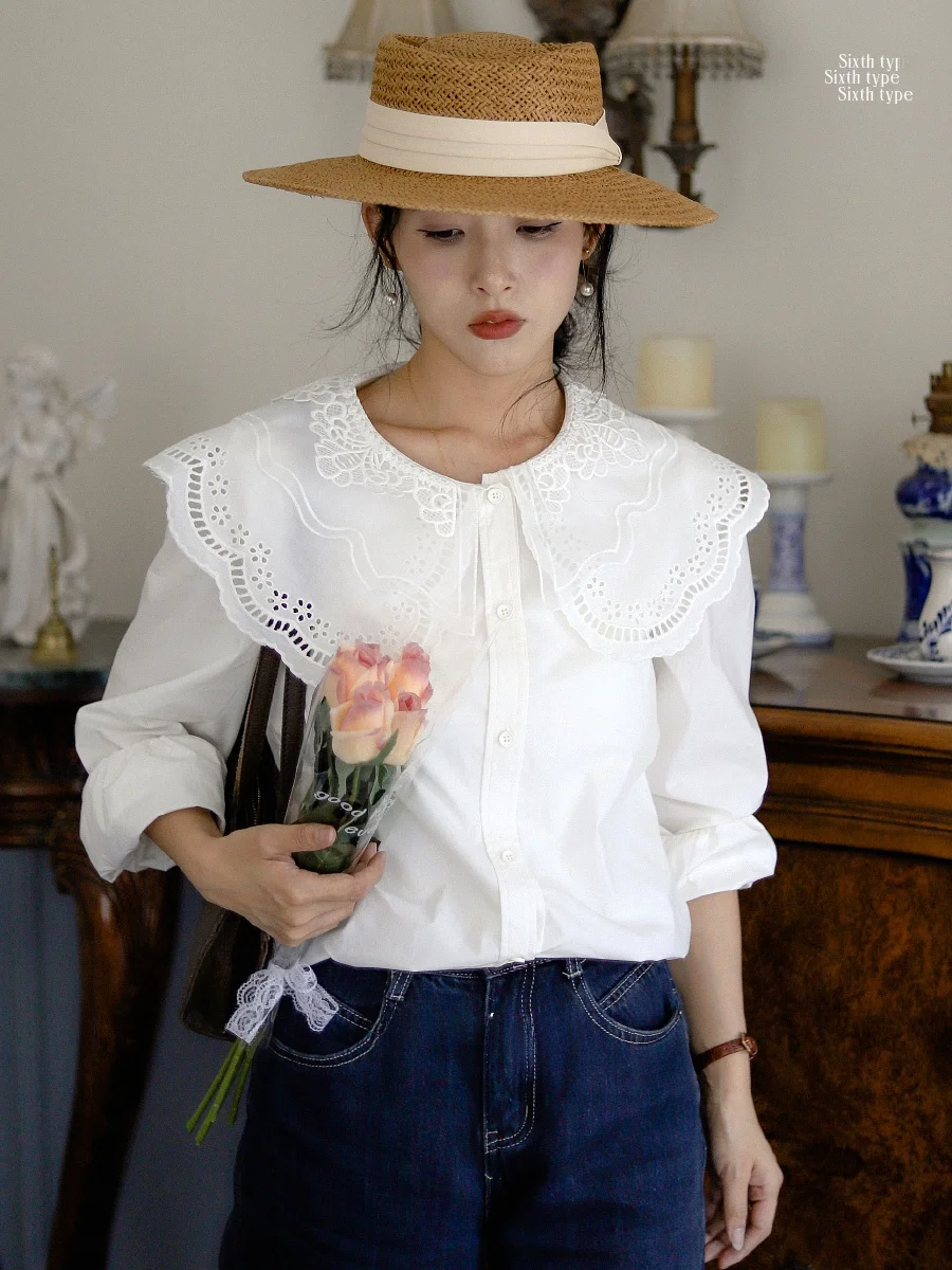 

Sixthpe Embroidered Doll Collar irt Cotton Silk Long Sve Large Turn Collar Sweet Spring Early Women's Top