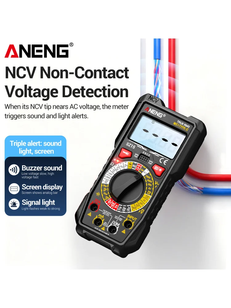 ANENG SZ15 Digital Rechargeable Multimeter 20A AC DC Voltage Resistance Capacitance NCV Diode Flashlight Electrician Repair Tool