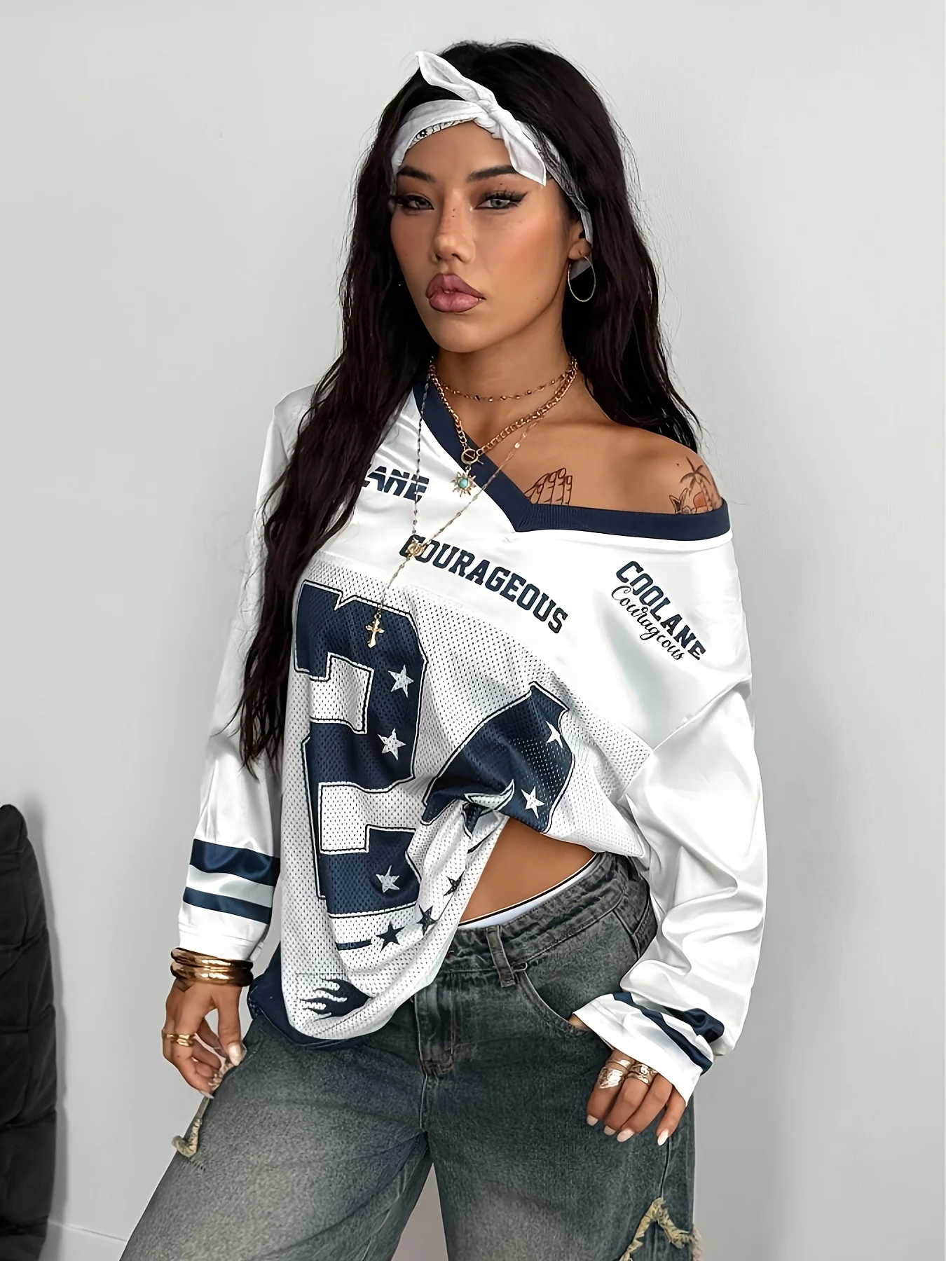 Men's and Women's Styles Cool Annie Fashion Street Color Block Print Loose Comfortable Long V-neck Long Sleeved T-shirt Tops