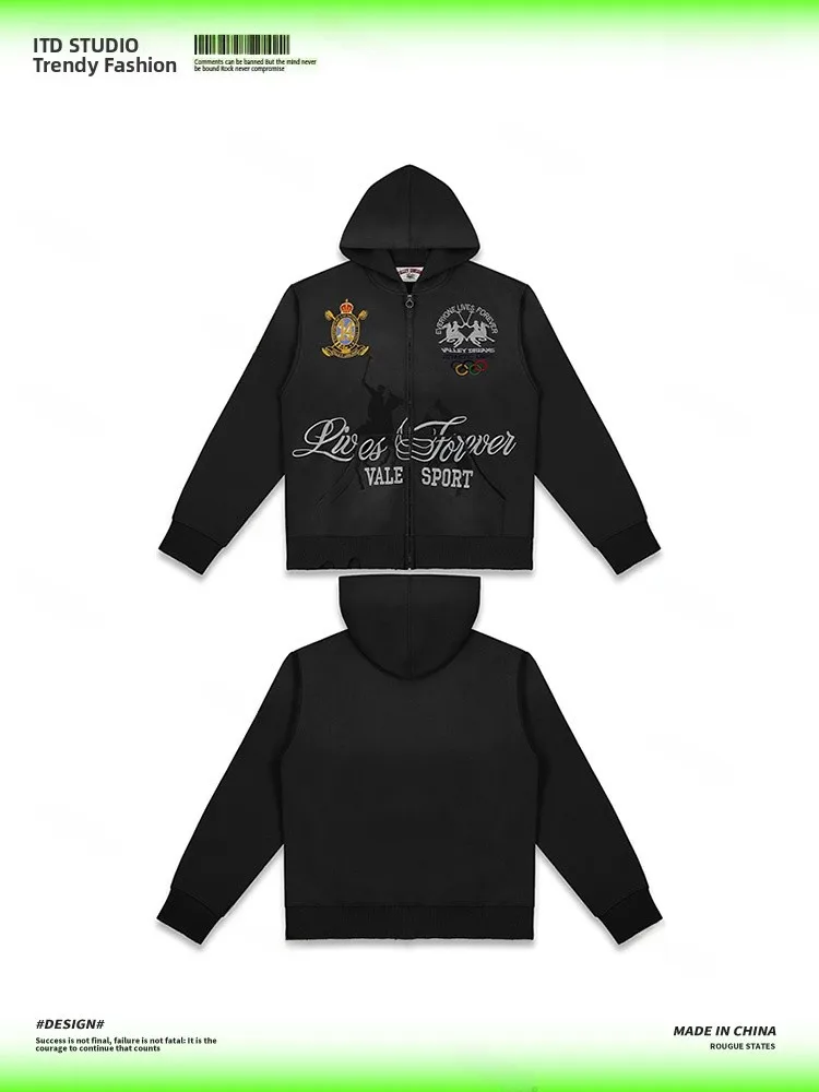 Valley Luxury Retro  Logo Embroidered Hoodie Jacket Men's Streetwear Casual Style Long Sleeve Cotton Sweatshirt