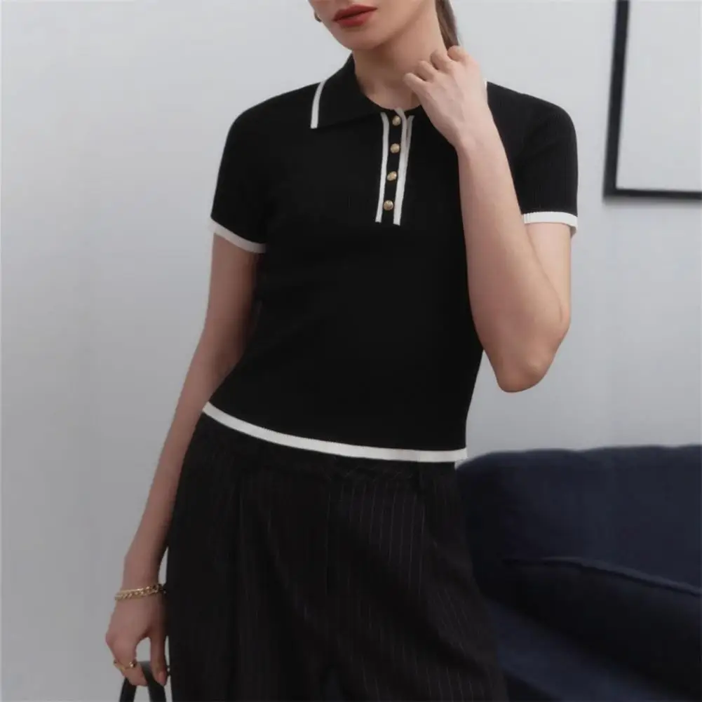 Knit Sweater Pullover Women Short Sleeve Patchwork Slim Lapel Elegant Contrast Knitwear Top Female Skinny Ribbed Pullover
