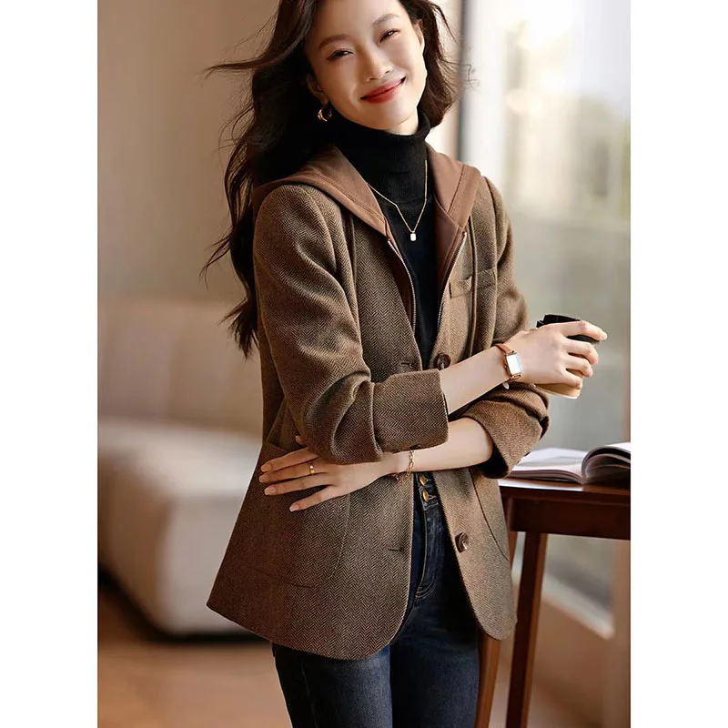 Autumn Winter 2024 New Korean Fashion Woolen Coat Women Fake two pieces Temperament Hoodie Casual Wool Overcoat Ladies Outwear