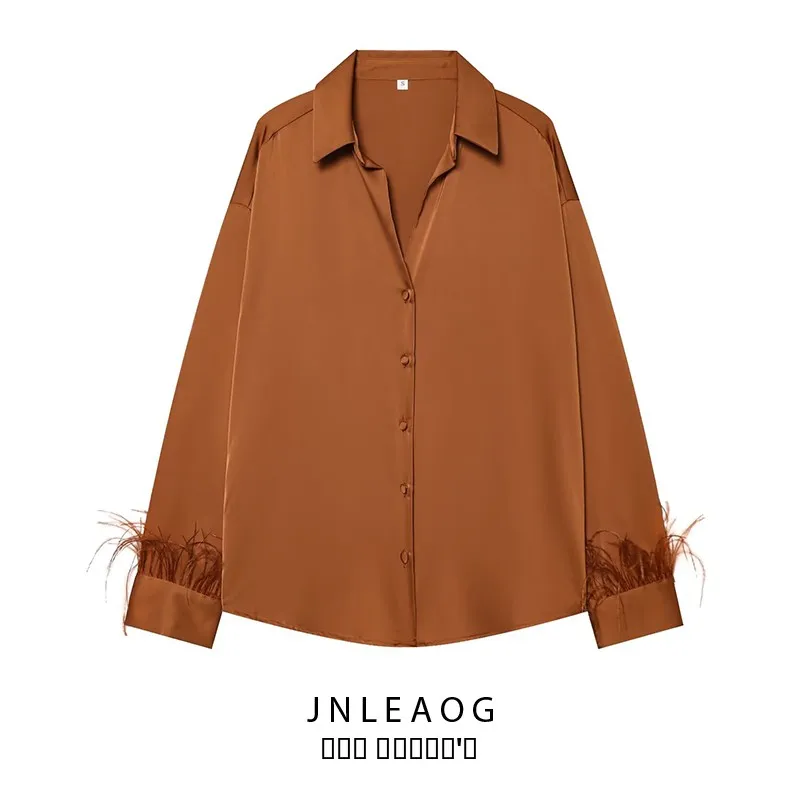 

JNLEAOG Fashionable Silk Satin Feel Blouse with Feather Trim Alluring Versatile Women's Shirt Autumn New Style 8906572