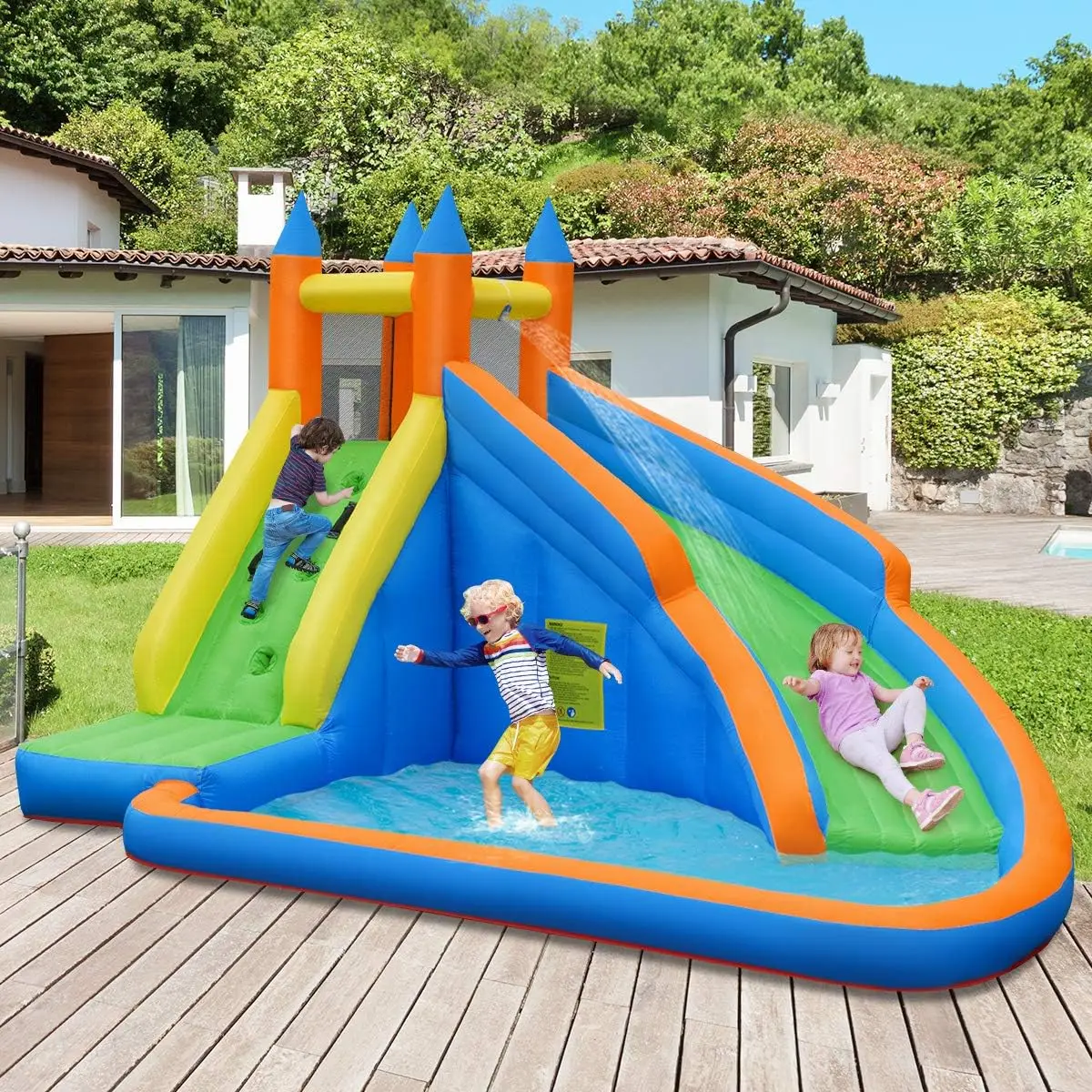 Opblaasbare Waterglijbaan Met 950W Blower, Gigantisch Waterpark Kasteel Springkussen Huis Voor Achtertuin, Klimmuur, Spatzwembad, Buiten