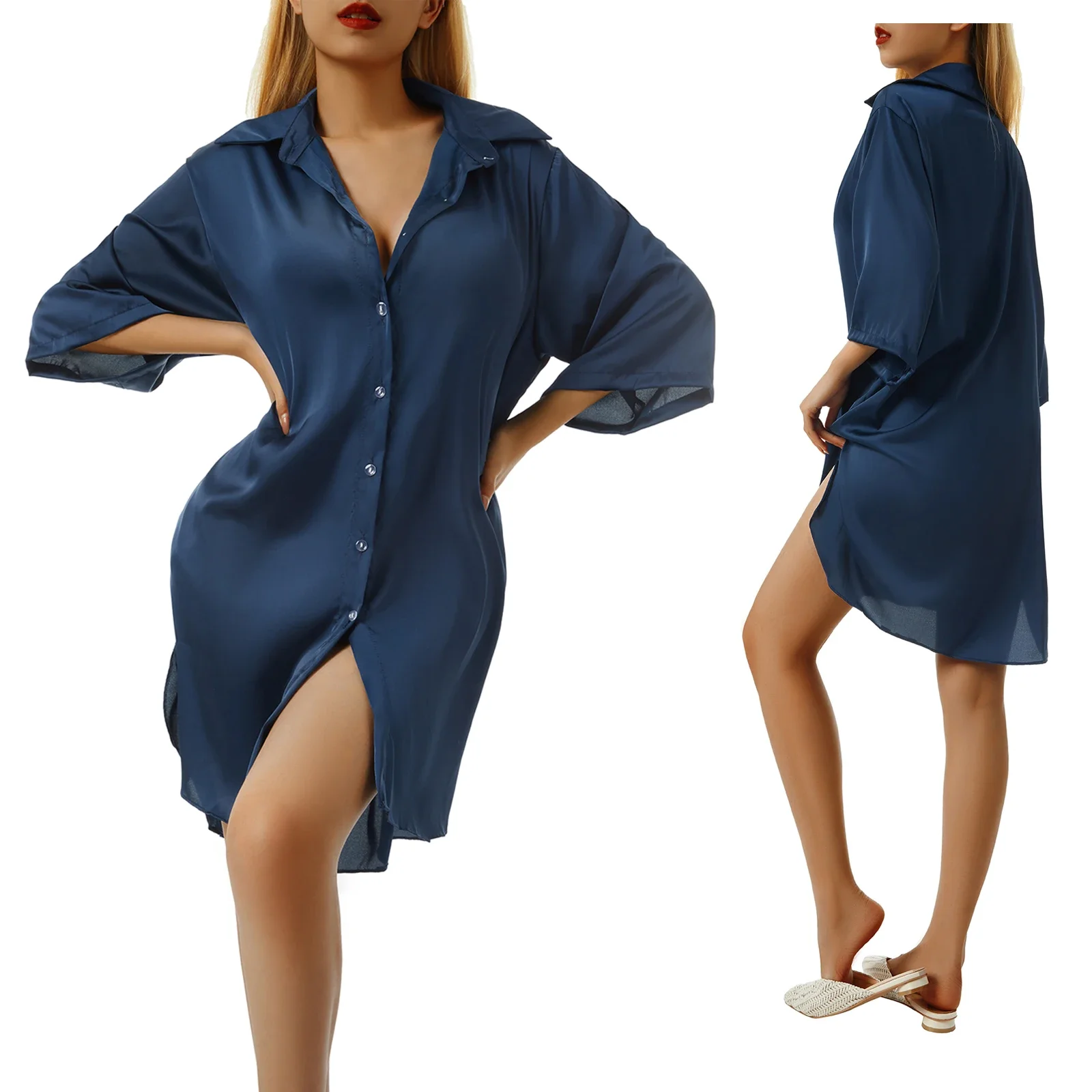 Combhasaki Women\'s Solid Color Satin Silky Comfy Sleepshirts Half Sleeve Single Breasted Down Lapel Collar Loose Night Shirts