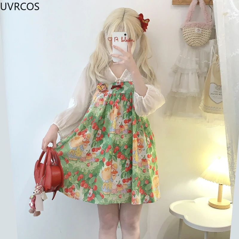 Giapponese Kawaii Lolita Style Jsk Dress donna Sweet Fruit Print Princess Sling Dresses Casual allentato carino senza maniche abiti da festa