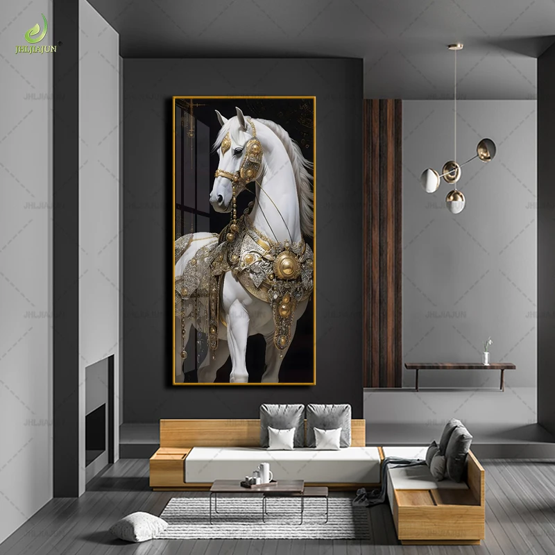 Modern White Horse Pass Background Gold Frame Crystal Porcelain Mural Home Decoration LED Wall Art