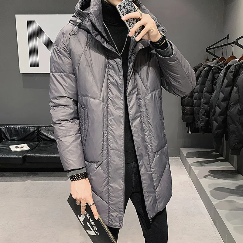 Casual 2024 Winter Men\'s Mid-Long Hooded Duck Down Jacket Outwear Solid Loose Warm Puffer Coat Windproof Top Down-Filled Garment