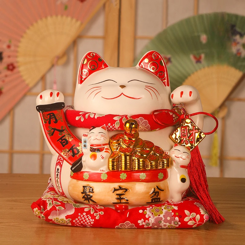 9Inch Red Ceramic Manaki Neko Feng Shui Decor Lucky Cat Beckoning Cat Piggy Bank Business Gift Home Decoration Money Box