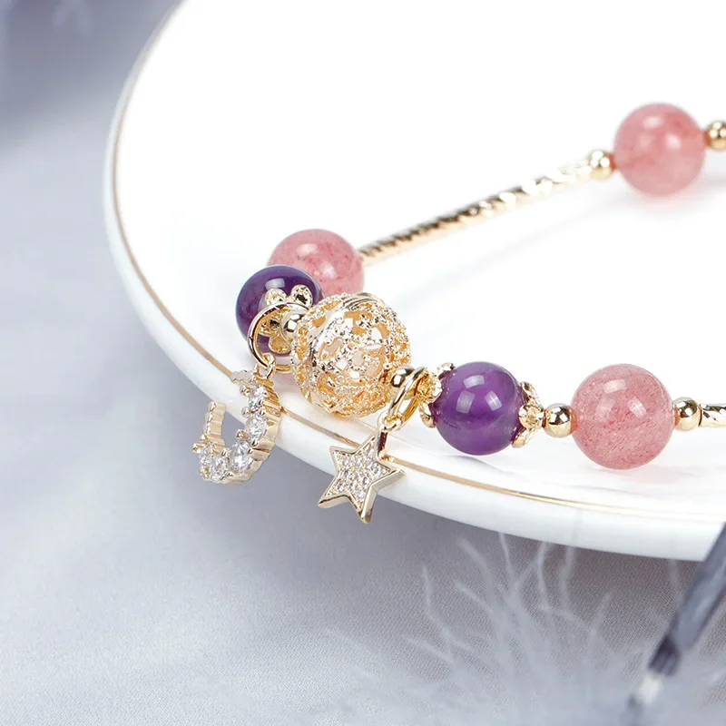 Moon Star Yellow Purple Crystal Strawberry Crystal White Moonstone Gold Color Charm Bracelets for Women Fine Jewelry YBR258