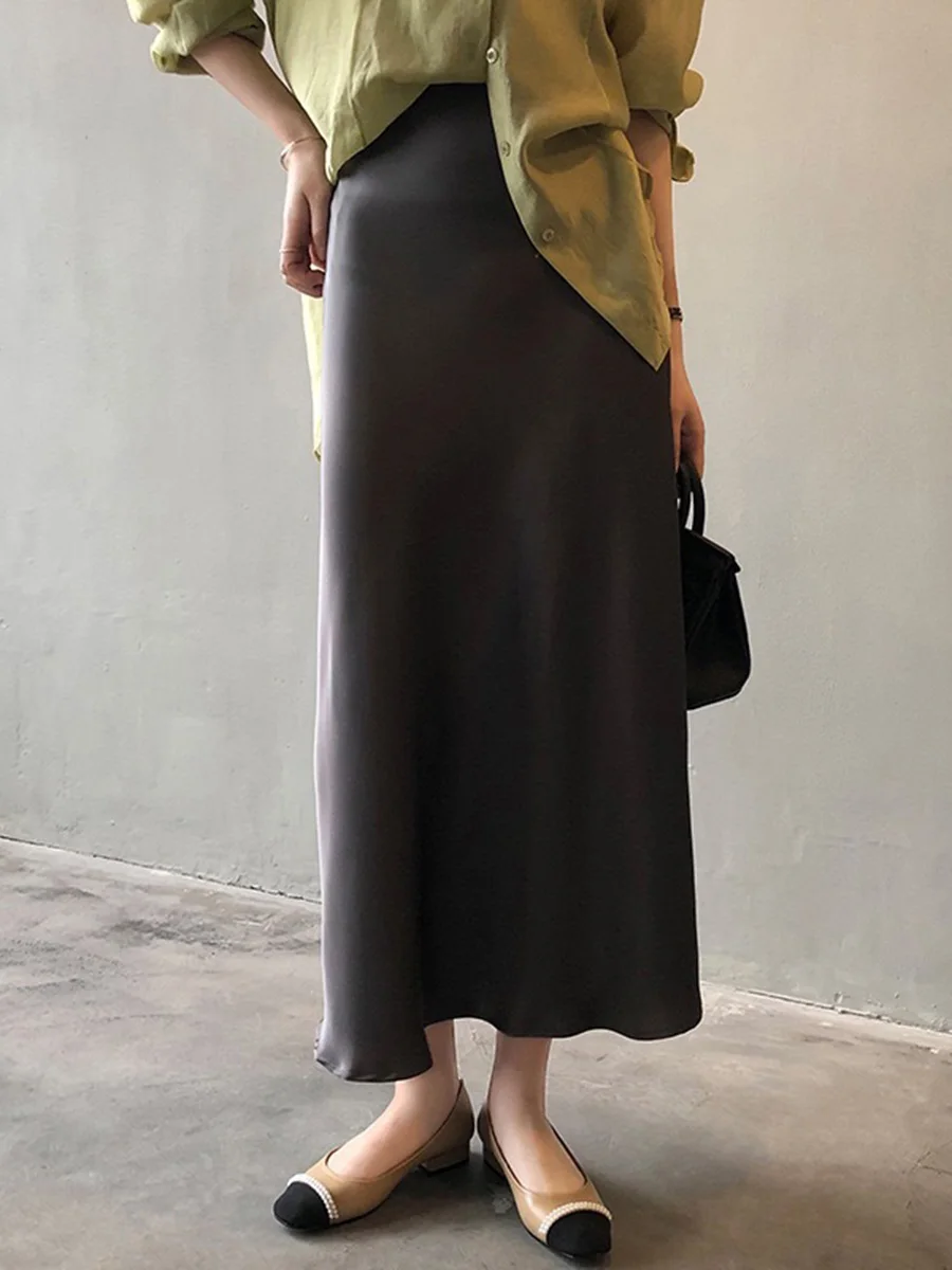 

Vintage Solid Satin Long Skirt Women Summer High Waist Simple Chic Draped A-line Faldas Bottom Elegant Fashion Midi Skirt 2024