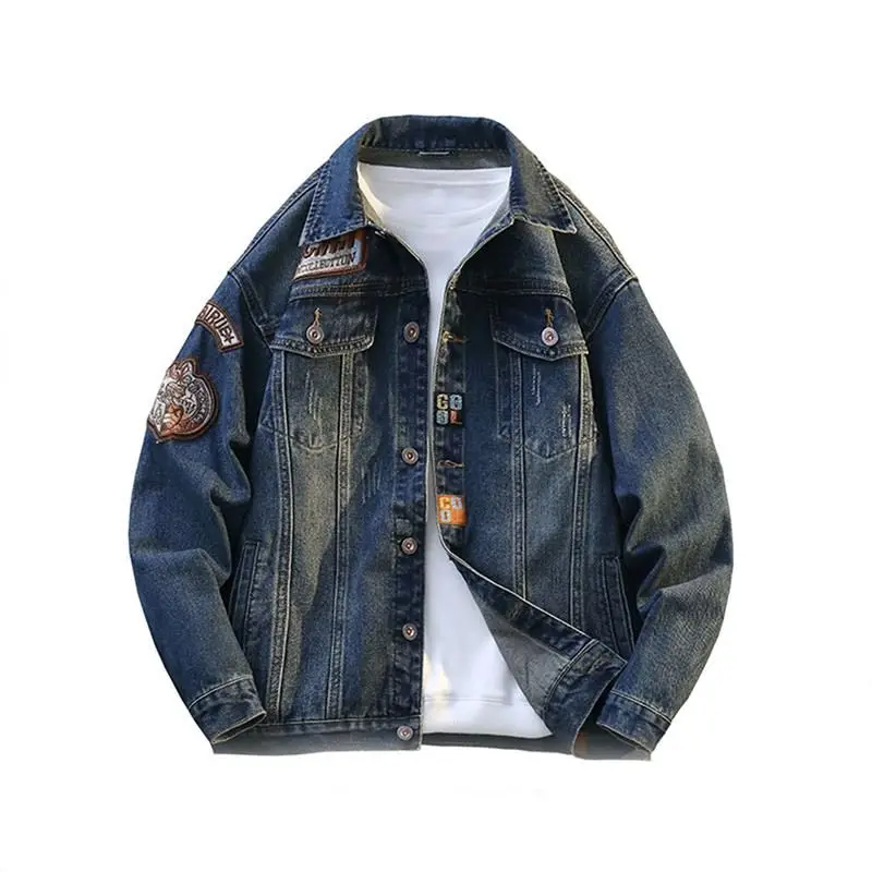 

Весна 2024, мужская джинсовая куртка в американском стиле ретро, рабочая одежда, украшенная молнией, свободная посадка, длинная верхняя одежда све, повседневные джинсы Ja...
