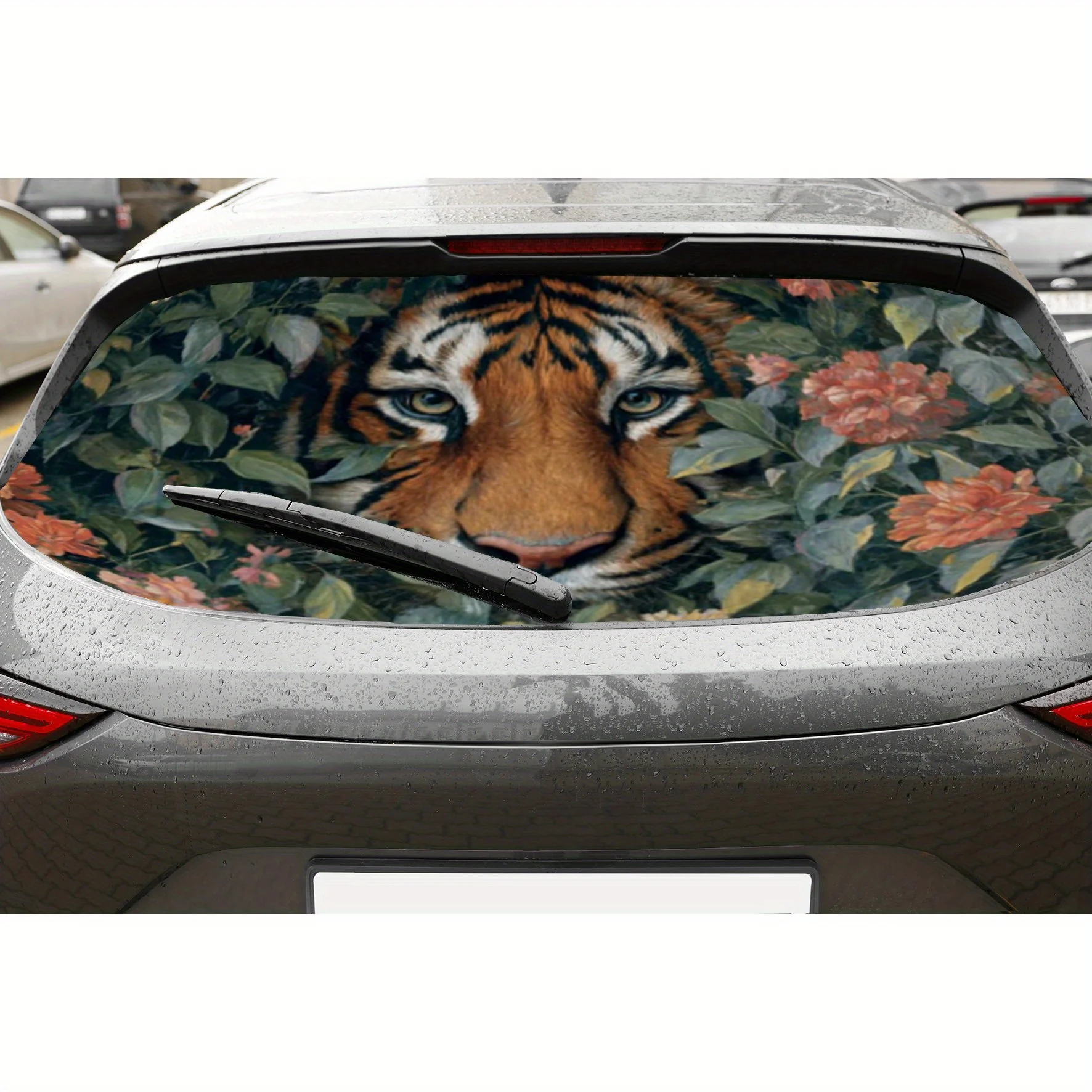 

Tiger among the flowers PVC material self-adhesive waterproof car rear window sticker, easy to paste without falling off, waterp