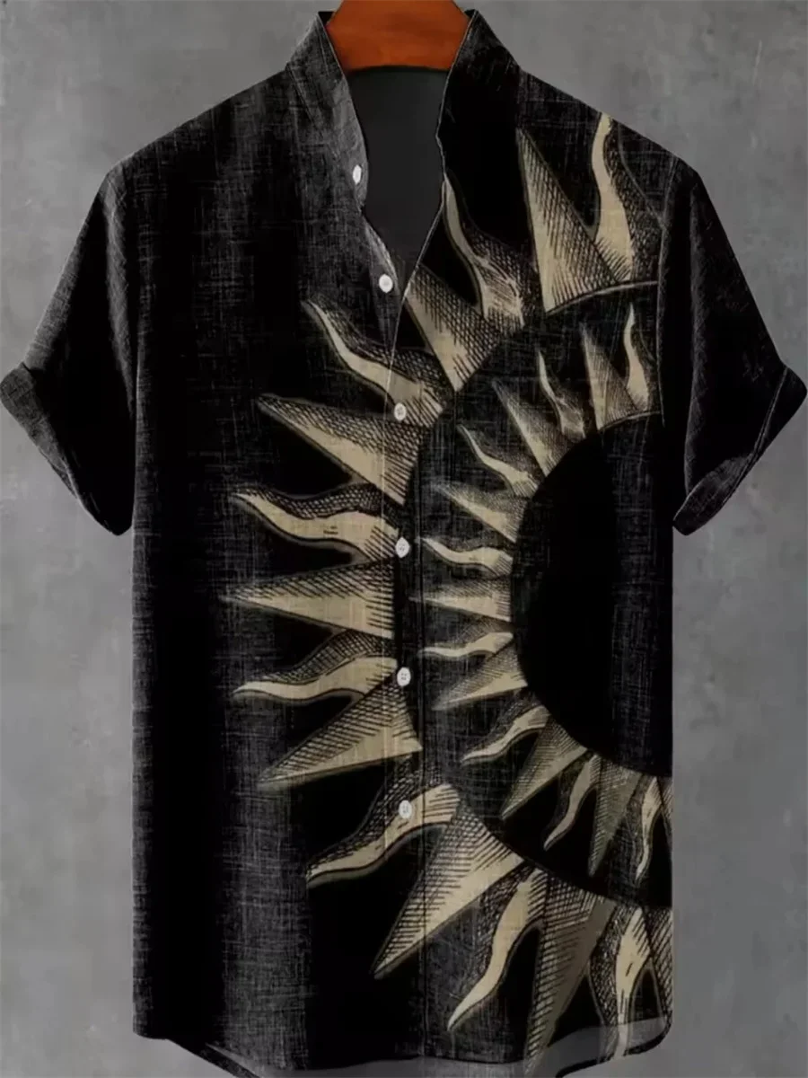 New fashion short sleeve shirt, made of comfortable and breathable fabric, linen art pattern stand collar shirt