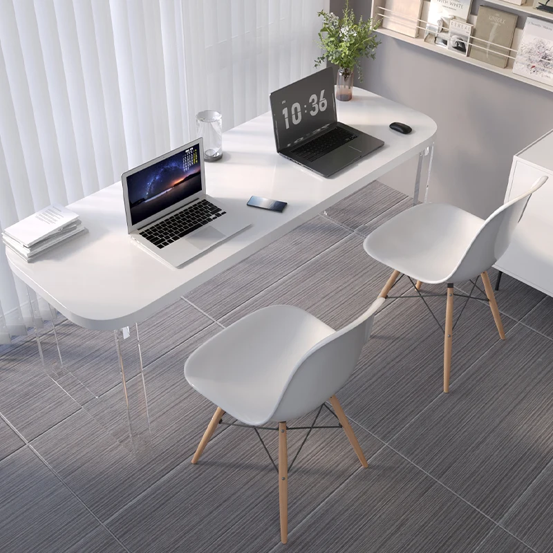 

!@Solid Wood Double Suspension Computer Desk Modern White Cream Style with Acrylic for Office & Writing for Balcony Use