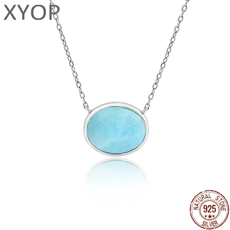 Geometric Aesthetic 925 Sterling Silver Jewelry Classic Larimar Pendant Necklace Natural Precious Retro Woman Contracted Style