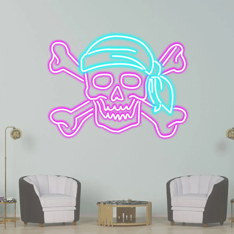 Skull In Pirate Costume Neon Sign, Creative Wall Hanging Neon Light, Whimsical Gift, Halloween Decor