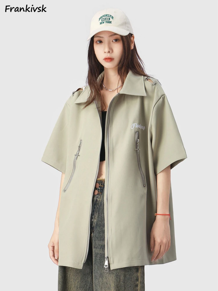 Half Sleeve Shirts Women Spring Summer Solid Loose Korean Style Hole High Street Leisure All-match Turn-down Collar Slouchy Ins