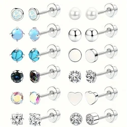 6-12 Pairs Stainless Steel Earrings Hypoallergenic 20G Medical Steel Cartilage Earrings Opal CZ Pearls Small Sleeping Earrings