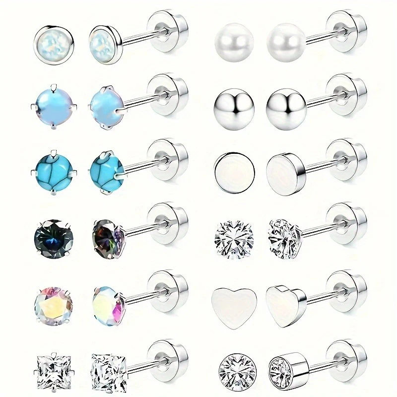 12 Pairs Stainless Steel Earrings Hypoallergenic 20G Medical Steel Cartilage Earrings Opal CZ Pearls Small Sleeping Earrings